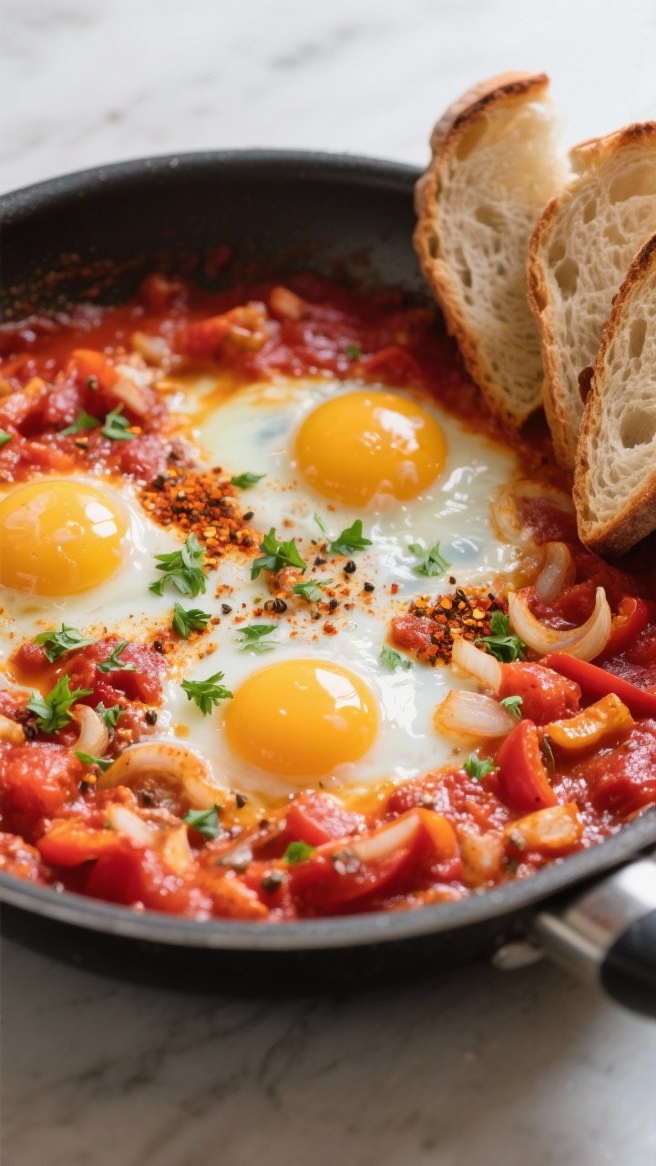 Cooking process: Shakshuka in a wide sauté pan as eggs are just set, vibrant red crushed-tomato bas