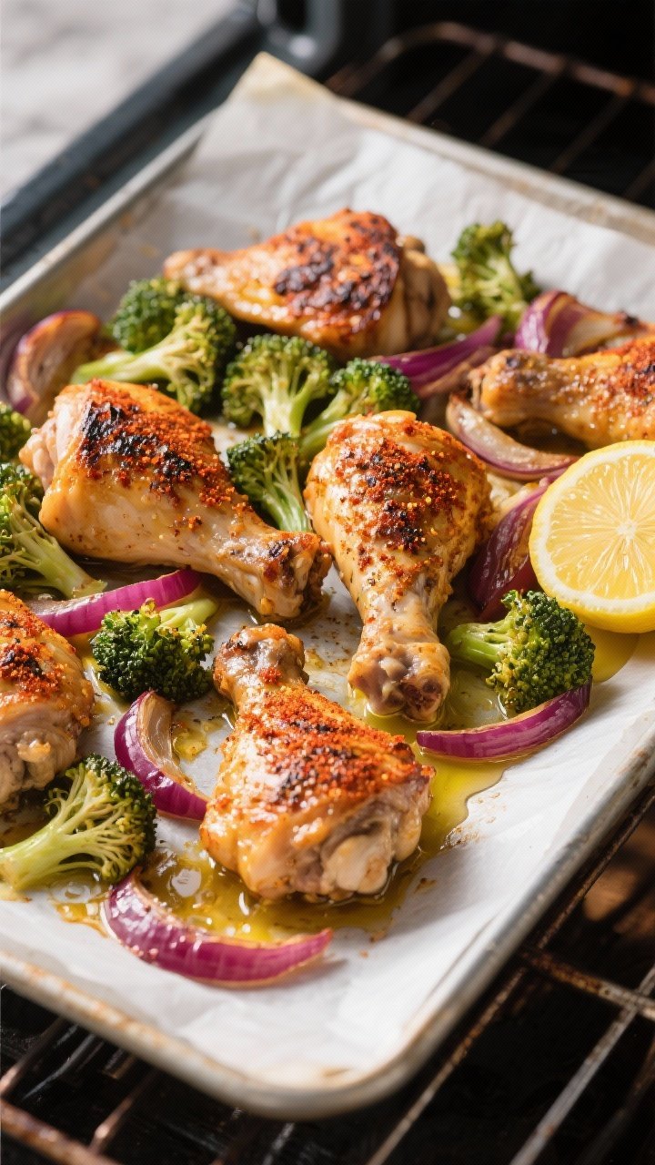 Cooking process: Sheet-pan smoky chicken and veg just out of a 425°F oven—golden, paprika-and-cum