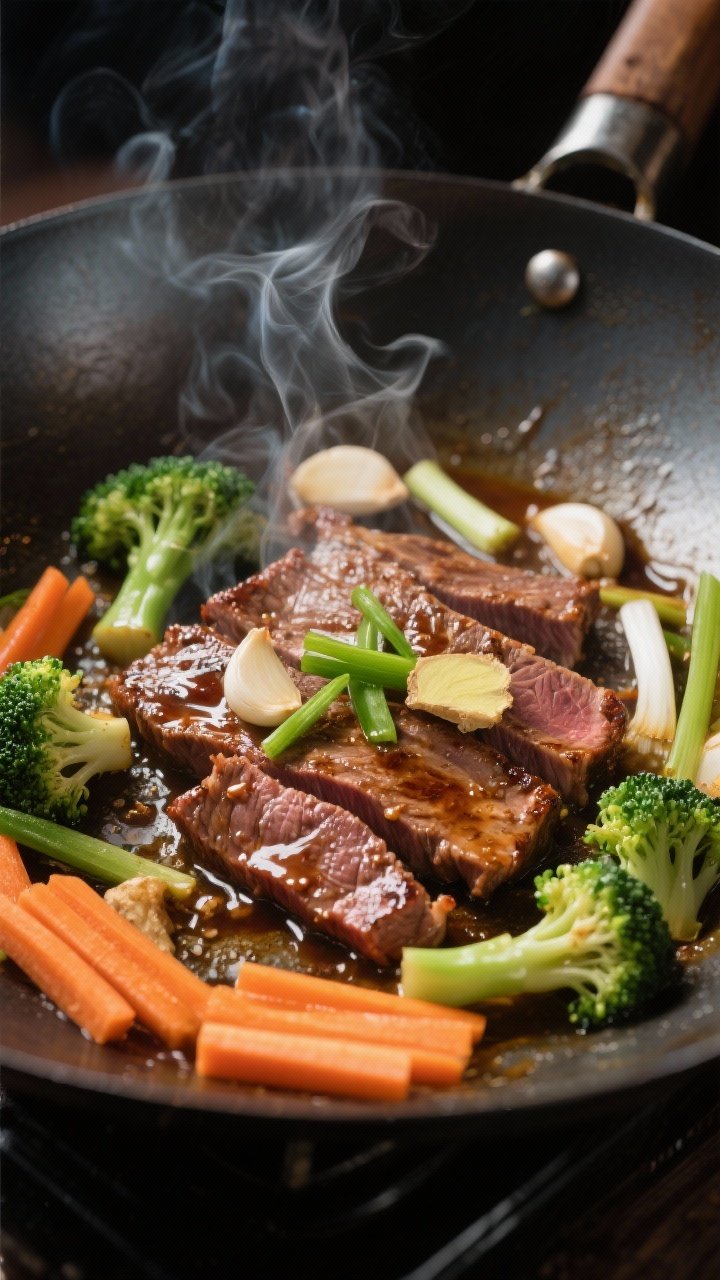 Cooking process shot: Searing thinly sliced flank steak in a blazing-hot wok, edges caramelized and 