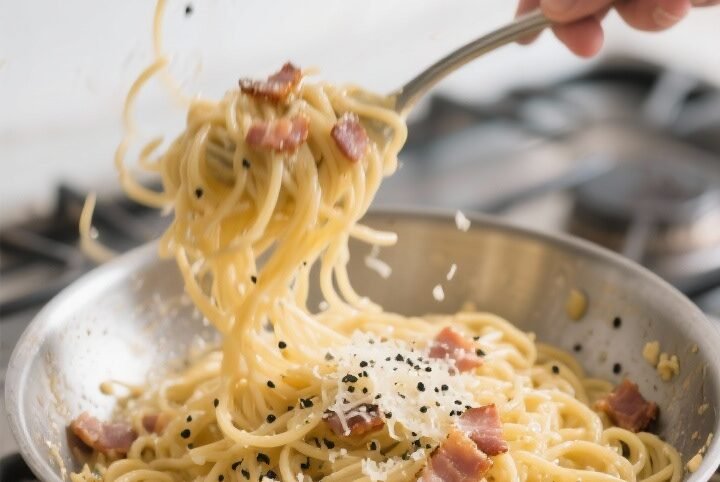 Cooking process: Weeknight carbonara-ish being finished off-heat in a stainless-steel sauté pan—a