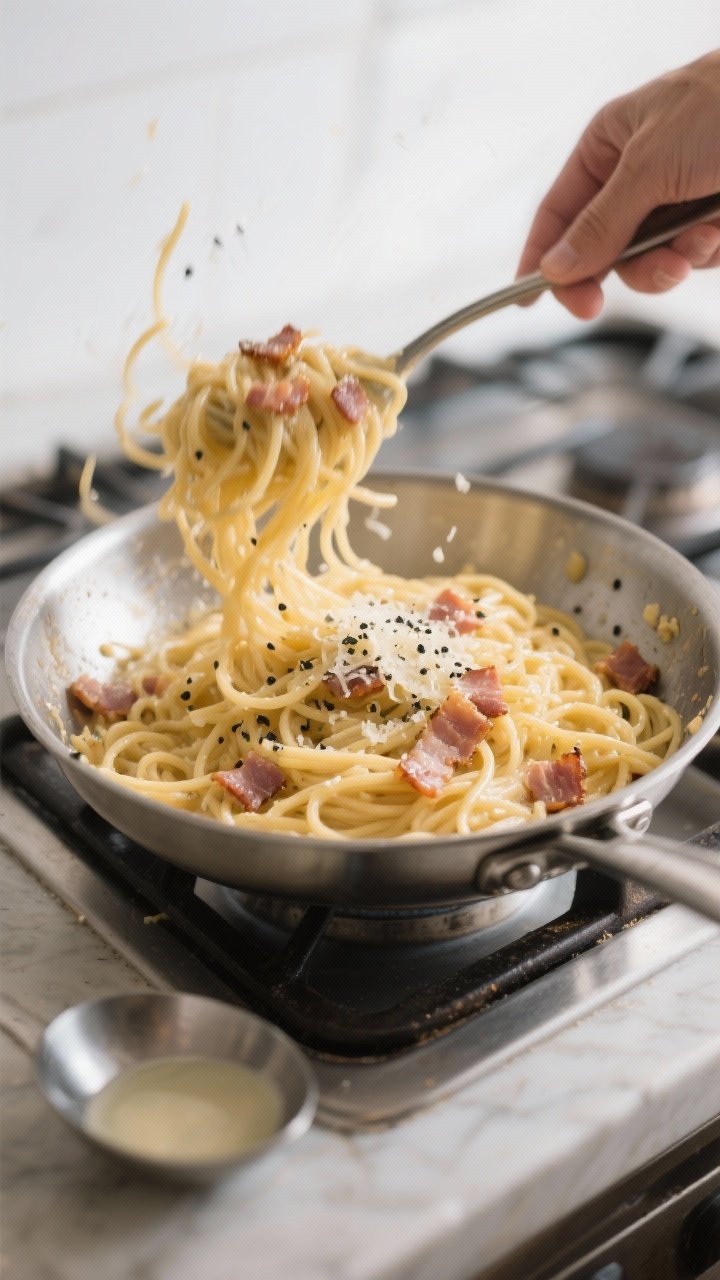 Cooking process: Weeknight carbonara-ish being finished off-heat in a stainless-steel sauté pan—a