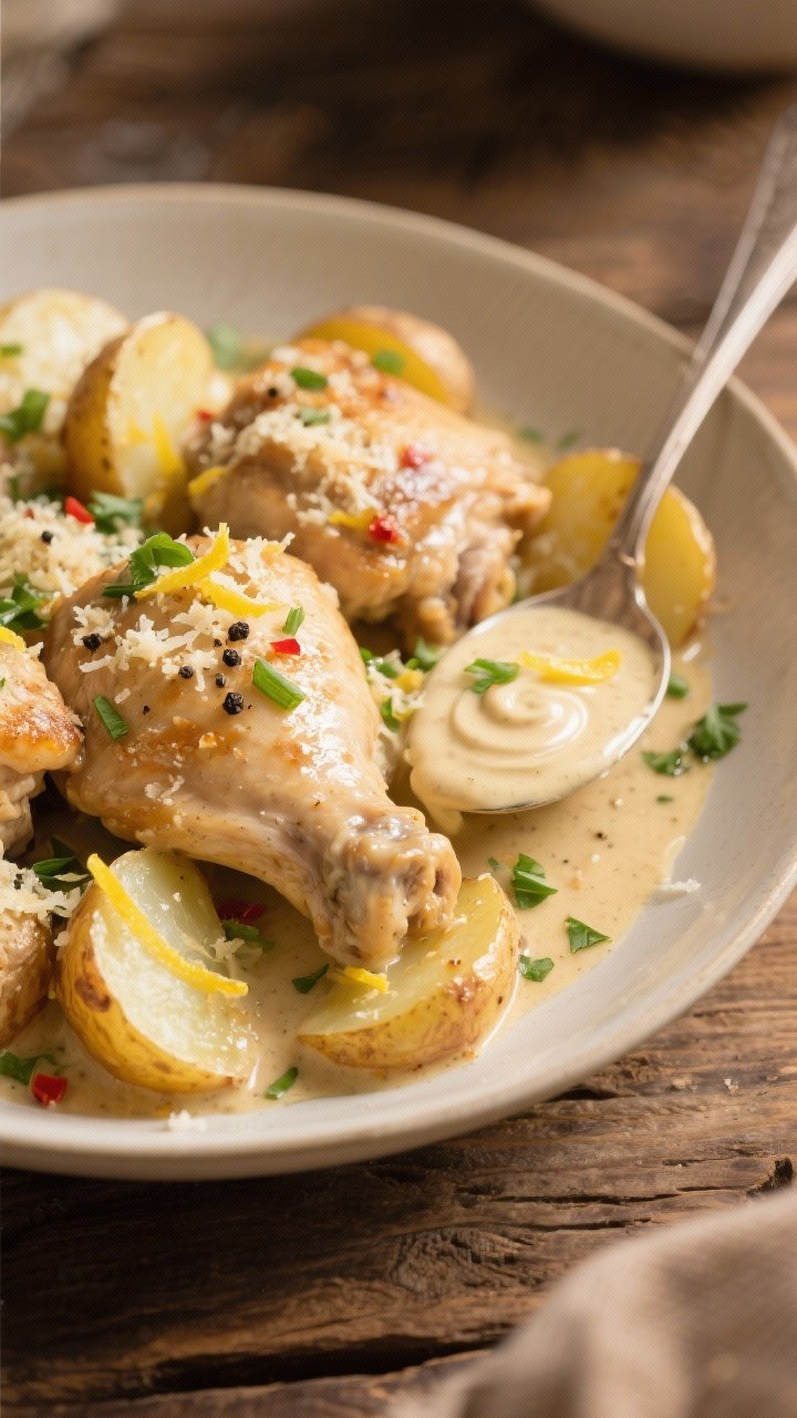 Final dish, close-up detail: Bowl of Garlic Parmesan Crockpot Chicken and Potatoes plated family-sty