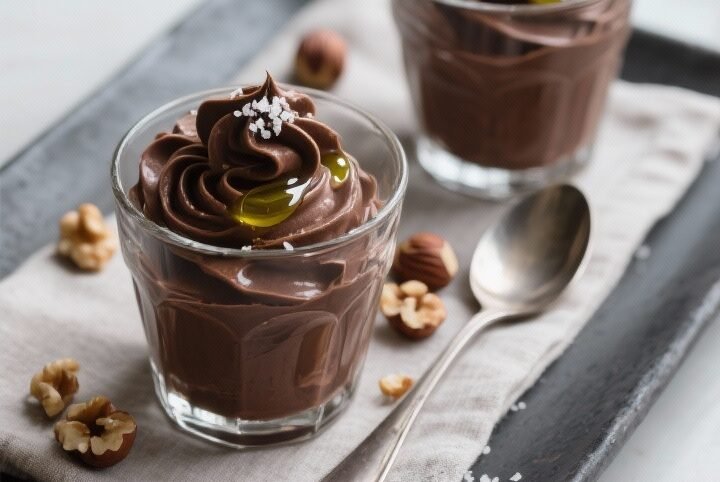 Final dish, overhead: Chocolate mousse set in small glass tumblers, velvety dark chocolate swirls to