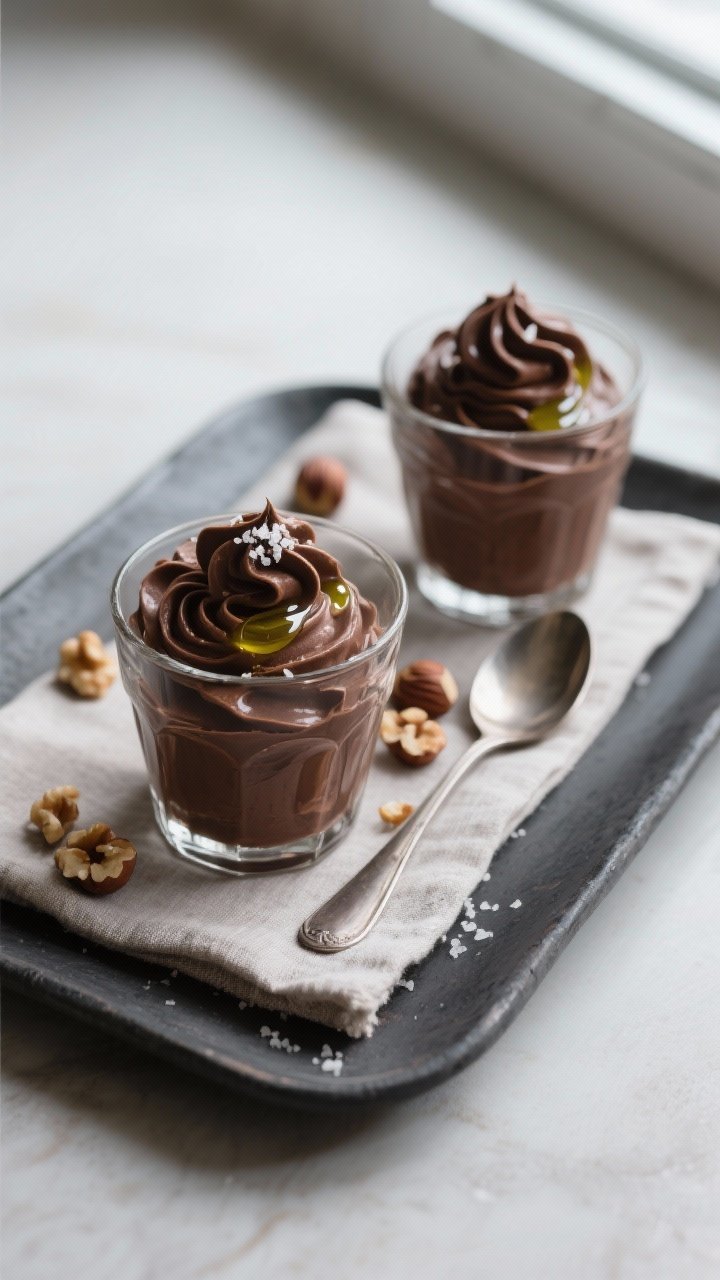 Final dish, overhead: Chocolate mousse set in small glass tumblers, velvety dark chocolate swirls to