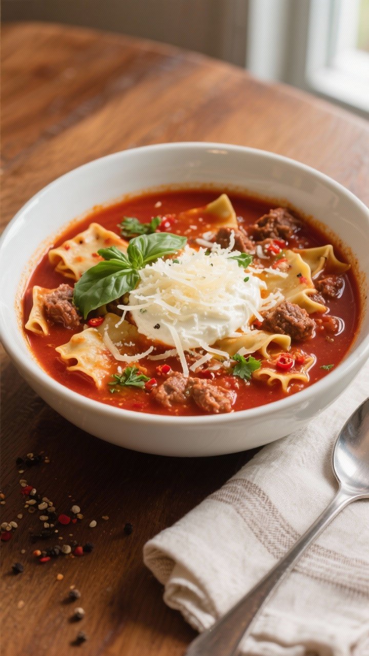 Final dish, overhead hero shot: An overhead bowl of Crockpot Lasagna Soup in a wide, white ceramic b