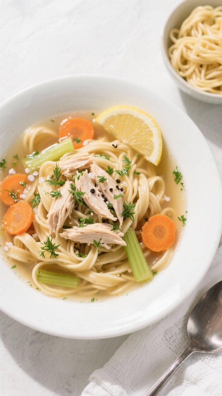 Final dish overhead: Homestyle chicken noodle soup plated in a wide white bowl; glossy broth ladled 