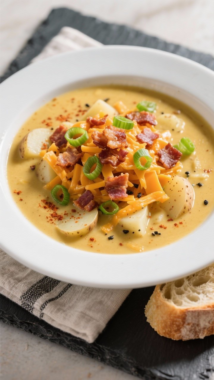 Final dish overhead: Tasty top-down shot of a deep, creamy bowl of Crock Pot Crack Potato Soup, luxu