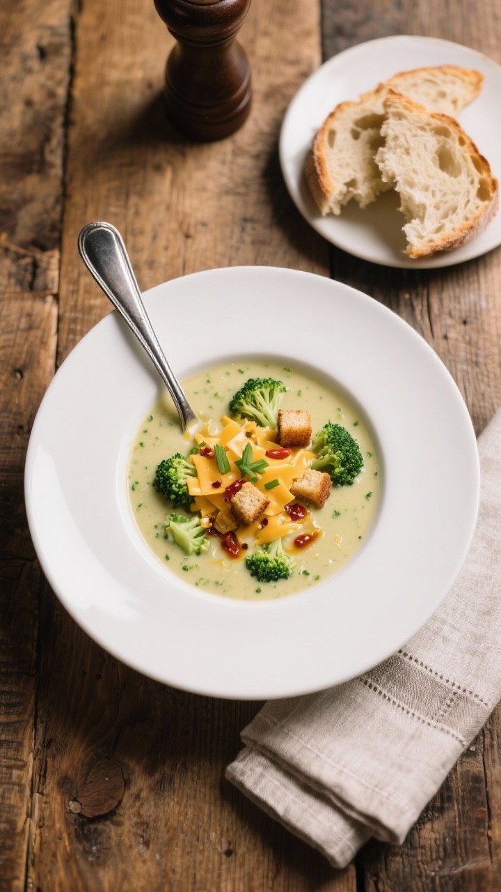 Final dish overhead: Top-down shot of a ladle-full bowl of broccoli cheddar soup plated in a wide wh