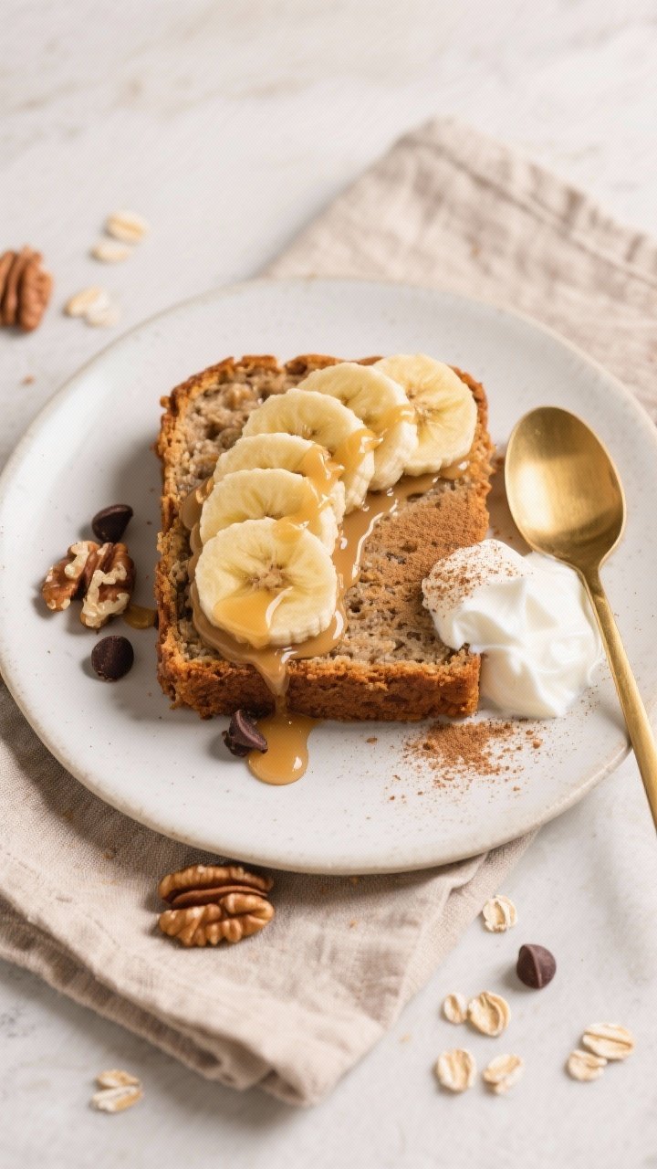 Final dish overhead/top view: Overhead shot of a beautifully plated banana bread baked oats square (