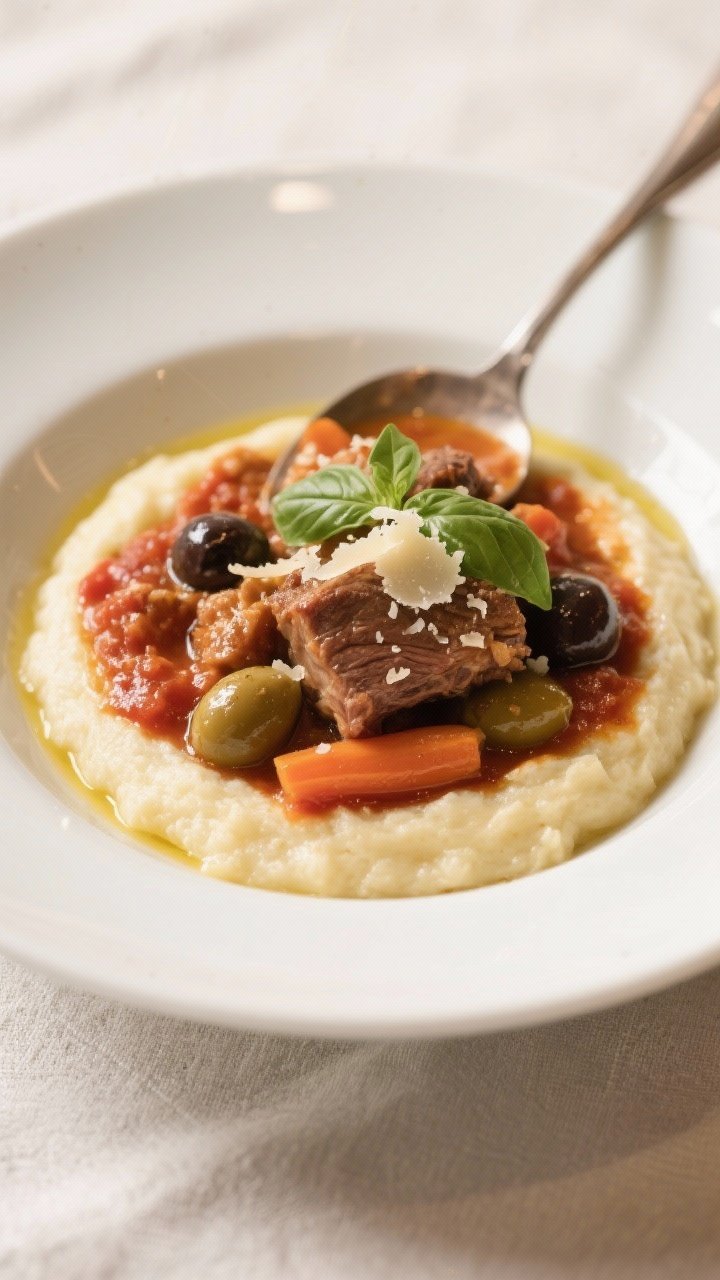 Final dish plating: Italian Comfort bowl—succulent pork shoulder stew spooned over creamy polenta,