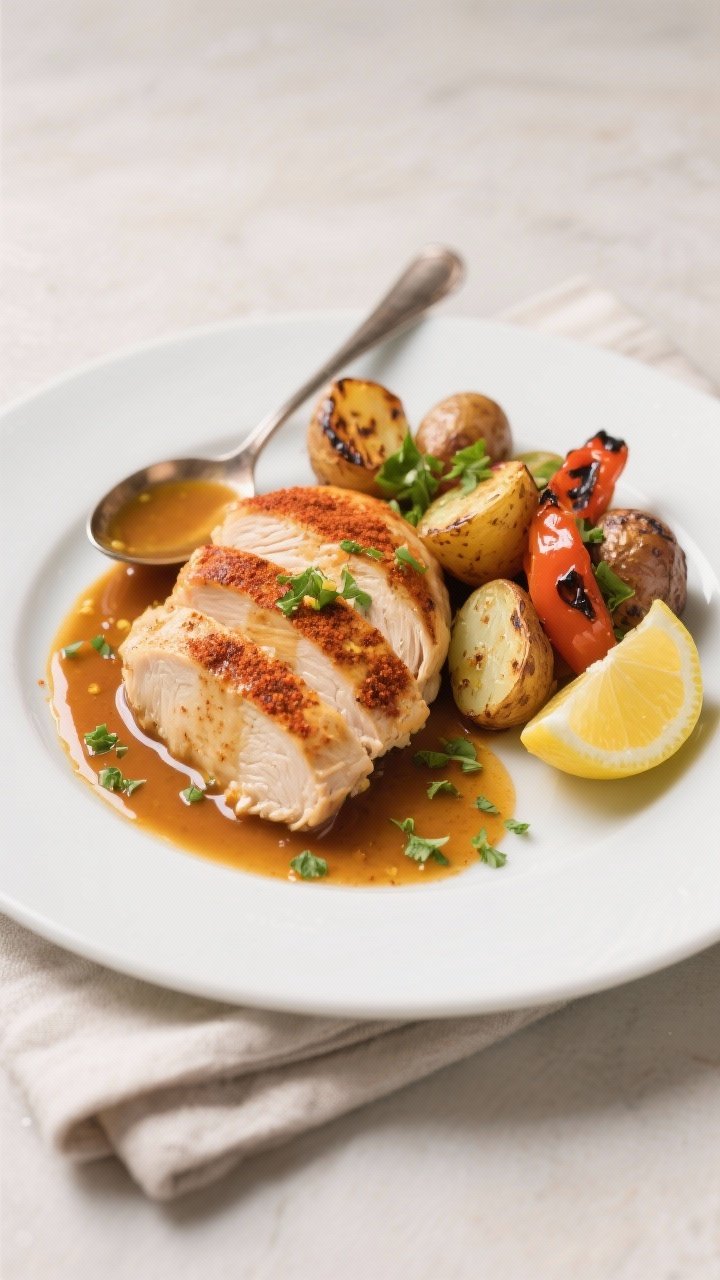 Final dish presentation: Beautifully plated Smoky Paprika Chicken with Roasted Veg and Lemon-Dijon P