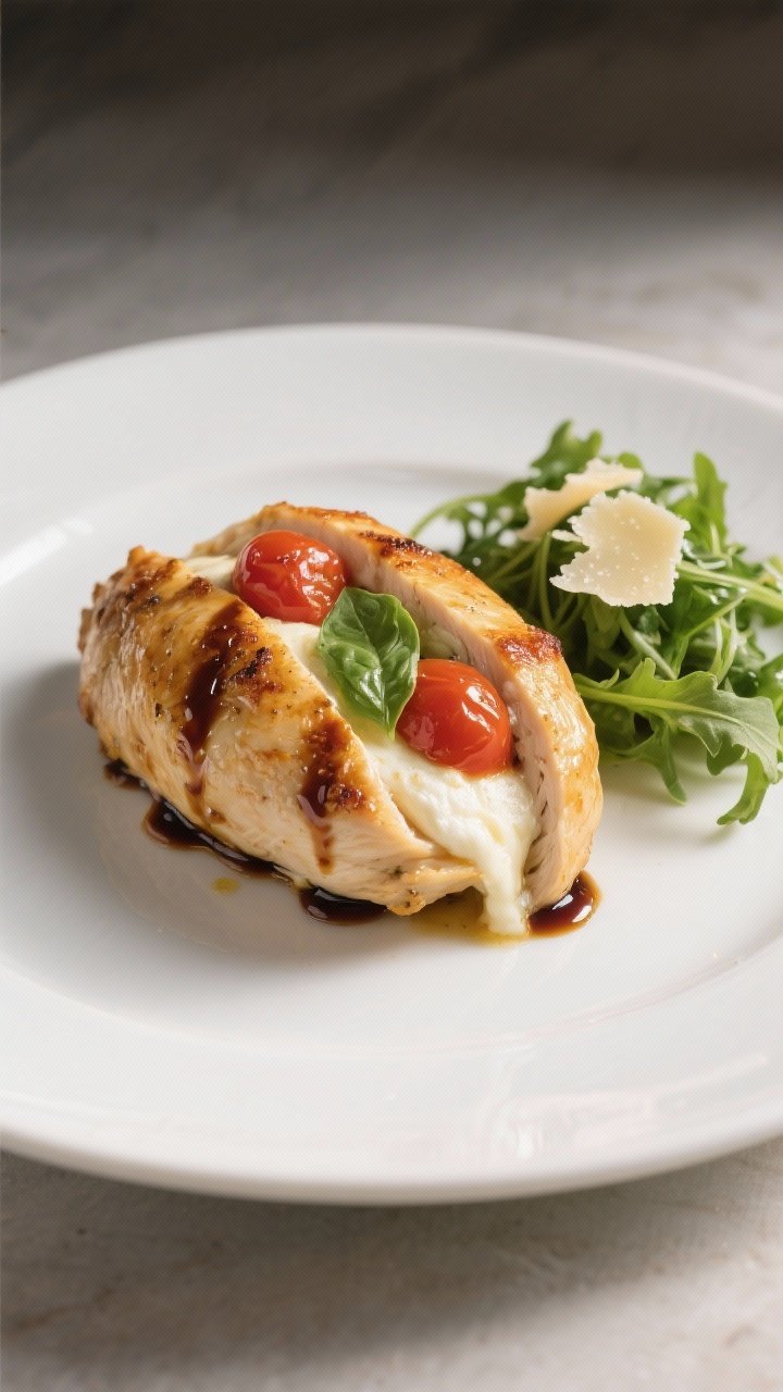 Final dish presentation: Caprese-Stuffed Chicken plated—golden seared chicken breast oozing melted