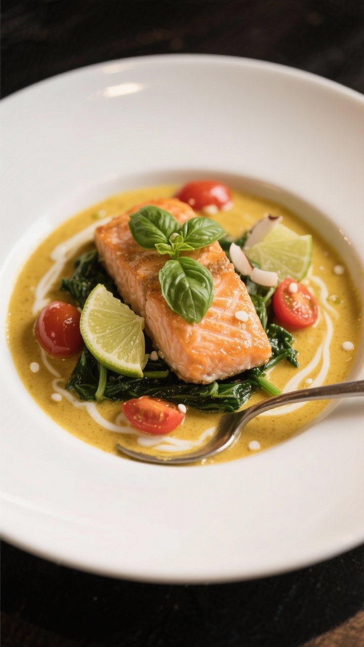 Final dish presentation: Creamy coconut curry salmon plated in a shallow white bowl—flaky salmon f