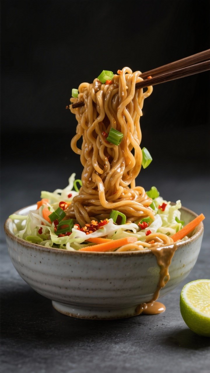Final dish presentation: Peanut noodle bowl twirled high and glossy, ramen noodles coated in silky p