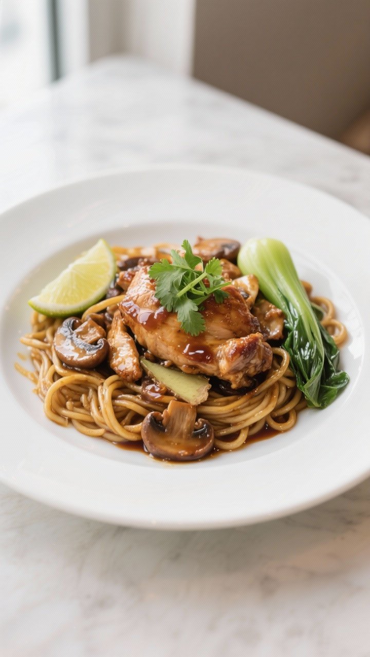 Final dish presentation: Restaurant-quality chicken thigh stir-fry plated over chewy udon noodles on