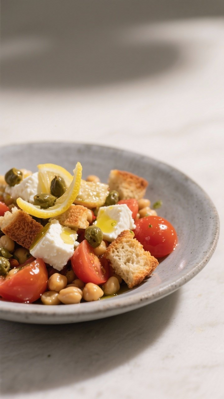 Final dish presentation: Restaurant-quality plated panzanella in a shallow grey stoneware bowl, artf