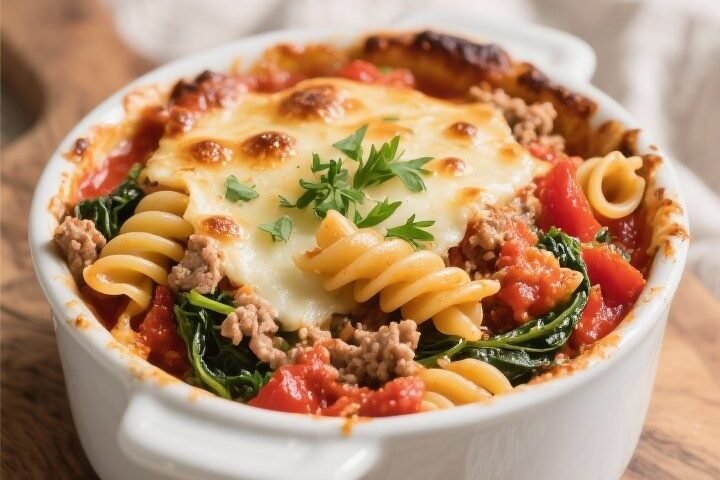 Final dish presentation: Tomato pasta bake served in a small white casserole, browned cheese bubbles