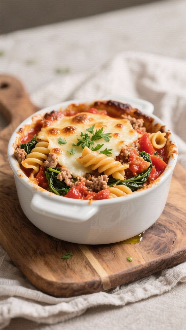 Final dish presentation: Tomato pasta bake served in a small white casserole, browned cheese bubbles
