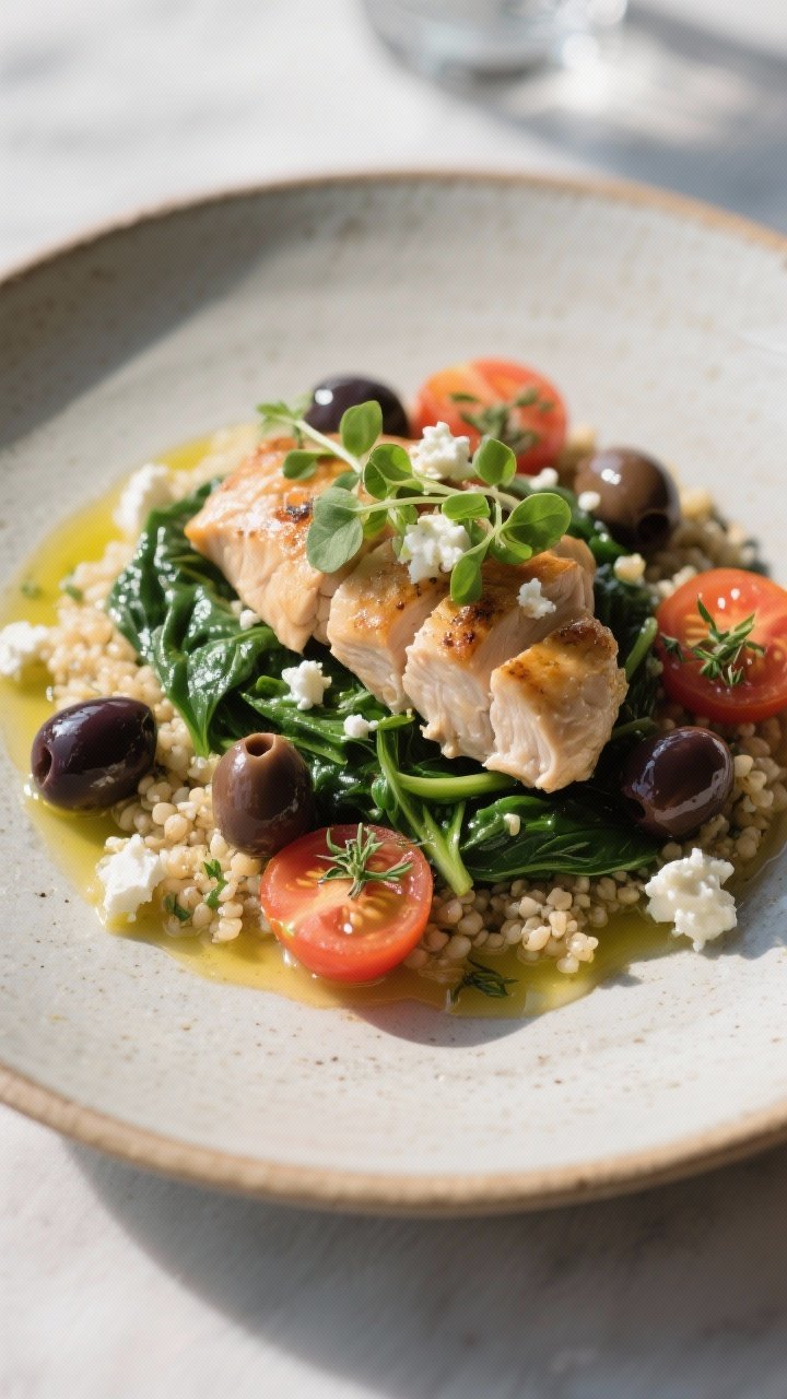 Final dish restaurant presentation: Mediterranean variation plated elegantly—succulent chicken and