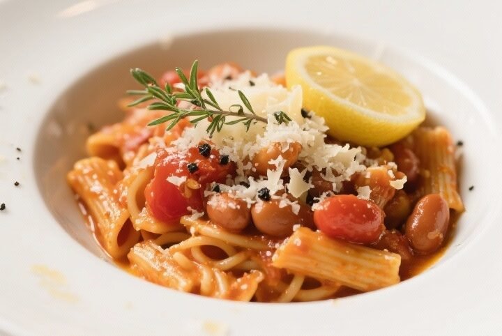 Final dish — Restaurant-quality bowl: Beautifully plated tomato-bean-pasta in a wide, shallow whit