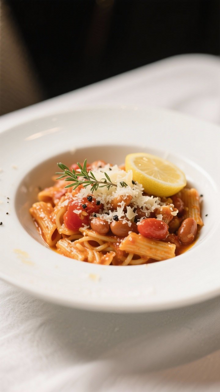 Final dish — Restaurant-quality bowl: Beautifully plated tomato-bean-pasta in a wide, shallow whit