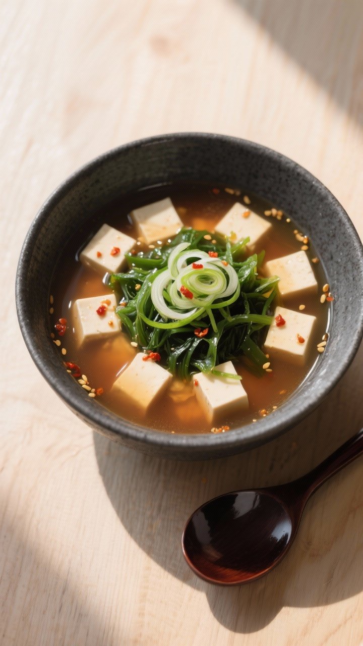 Final dish, tasty top view: Overhead shot of a beautifully plated bowl of homemade miso soup—clear