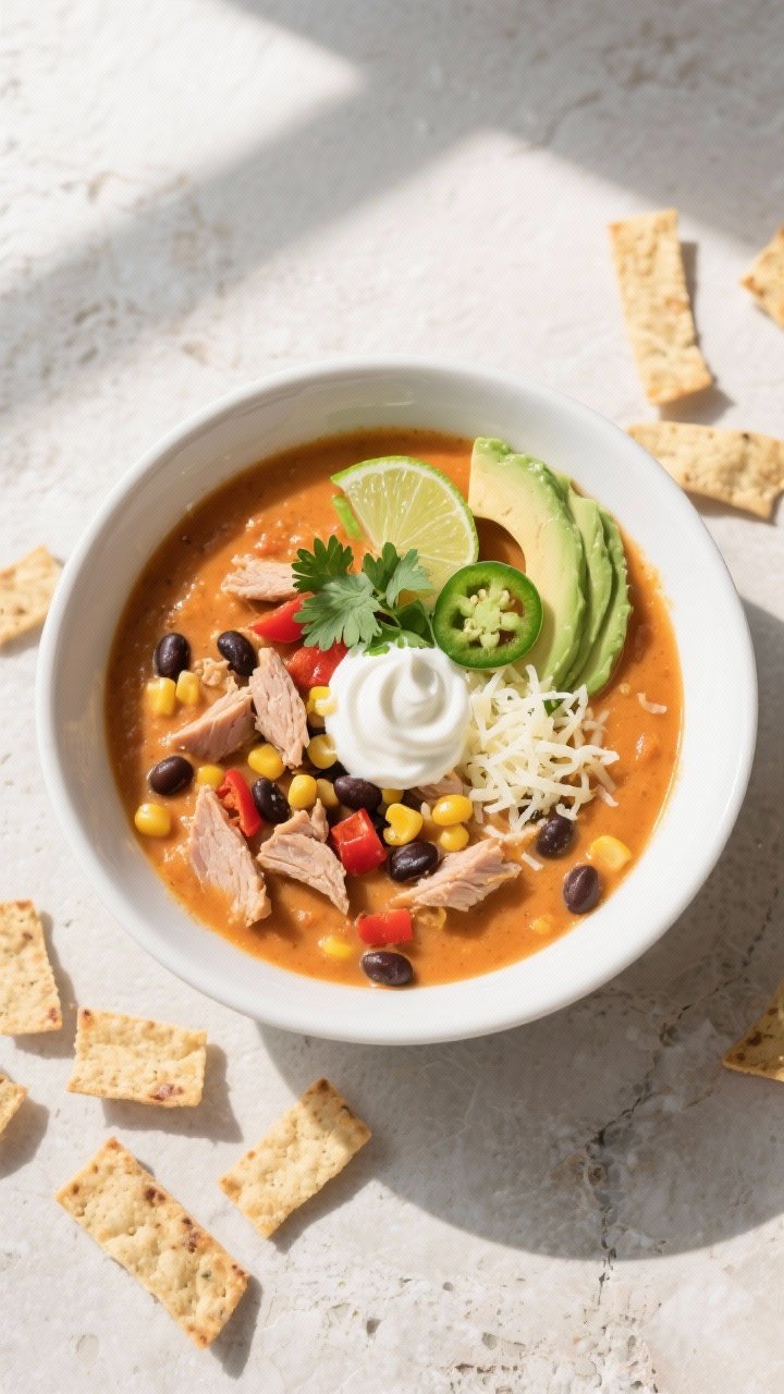 Final dish, tasty top view: Overhead shot of a bowl of High Protein Creamy Taco Soup with a velvety,