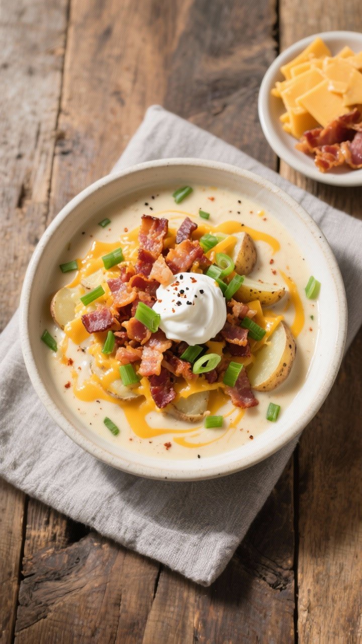 Final dish, tasty top view: Overhead shot of a bowl of loaded potato soup with a luxurious, creamy s