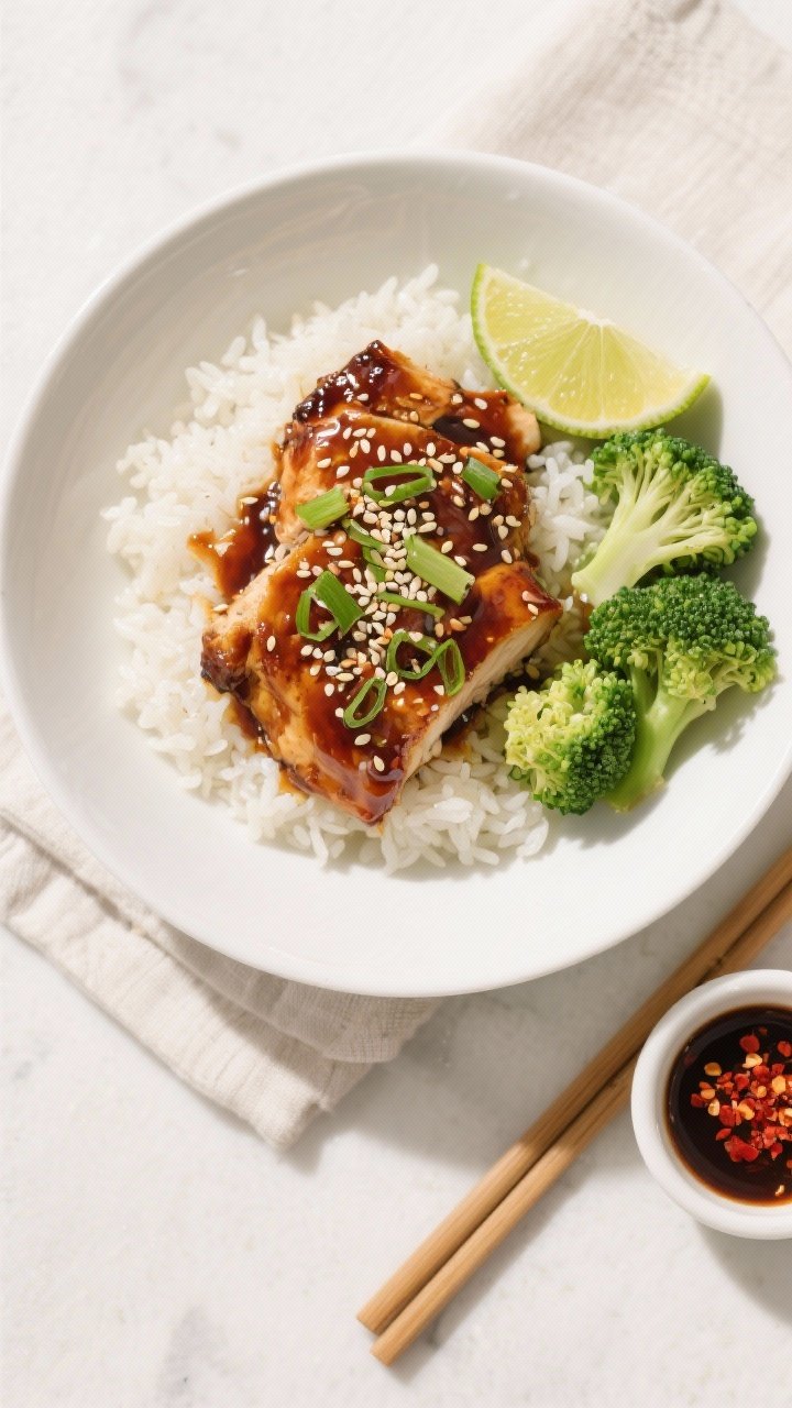 Final dish, tasty top view: Overhead shot of beautifully plated teriyaki chicken over fluffy jasmine