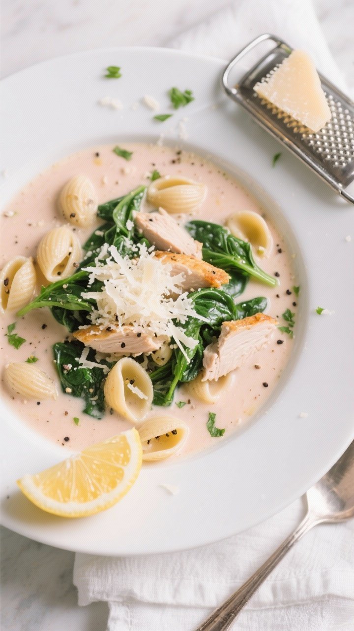 Final dish, tasty top view: Overhead shot of creamy pasta soup ladled into a wide white bowl—silky