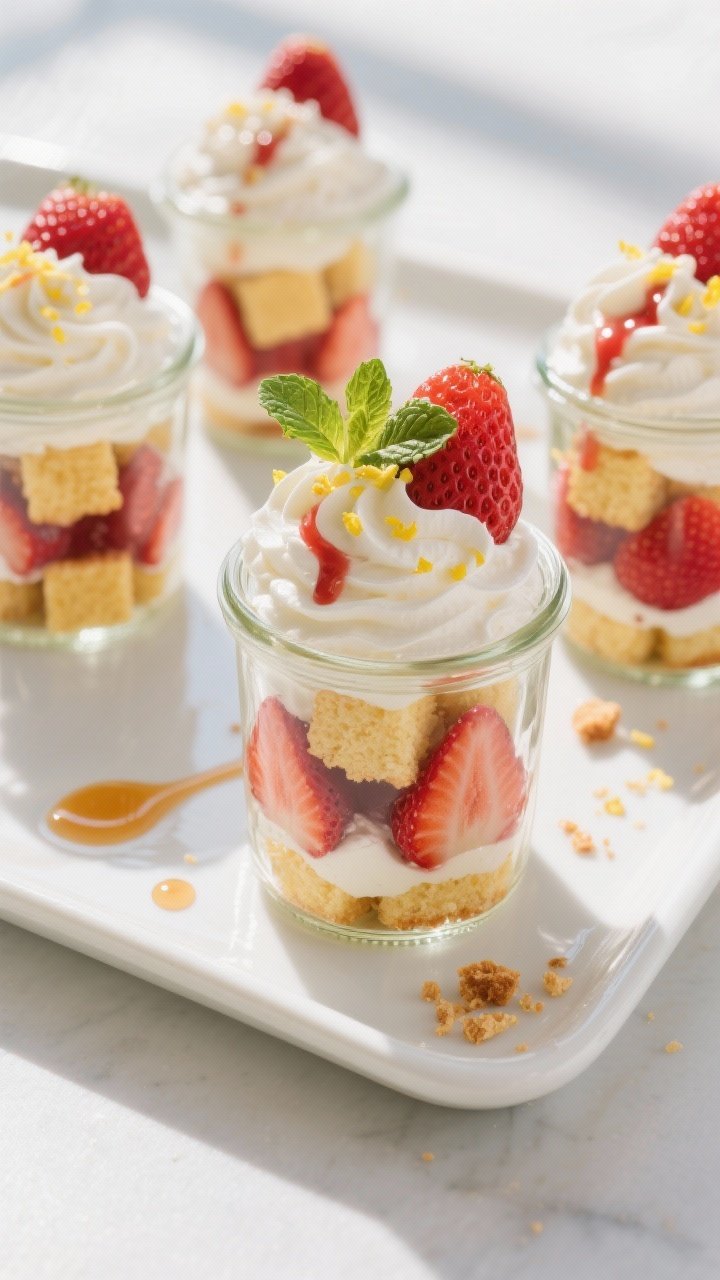 Final dish — Tasty top view: Overhead shot of fully assembled Strawberry Shortcake Cups in clear j