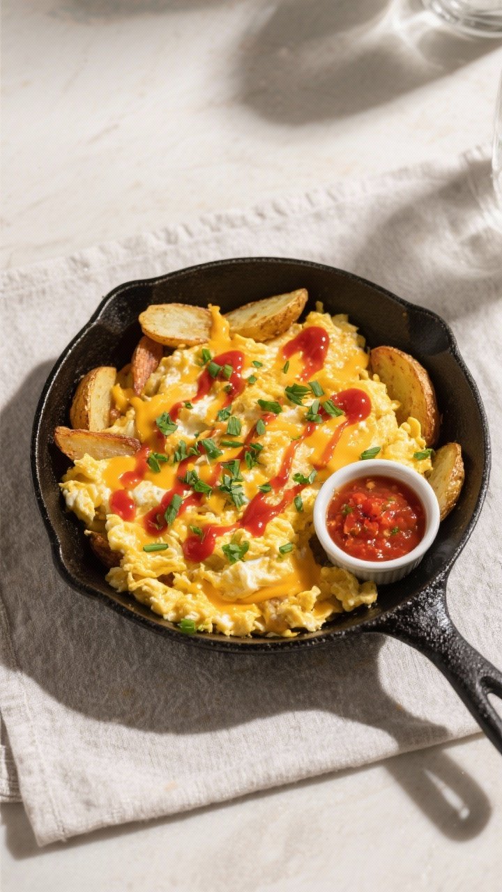 Final dish, tasty top view: Overhead shot of the finished breakfast crambler plated family-style in