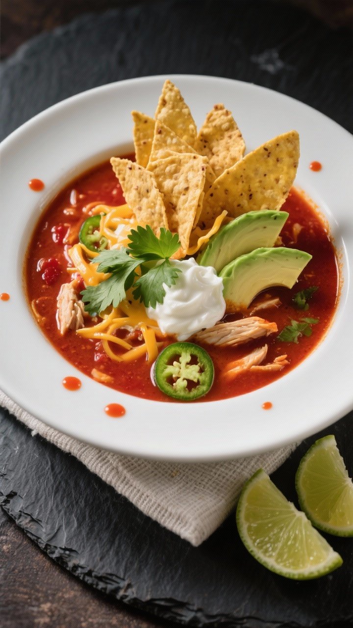 Final dish top-down: Overhead shot of a beautifully plated bowl of chicken tortilla soup with a brig