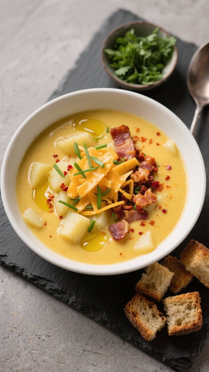Final dish top-down: Overhead shot of a bowl of Cheddar Garlic Herb Potato Soup, ultra-creamy with v