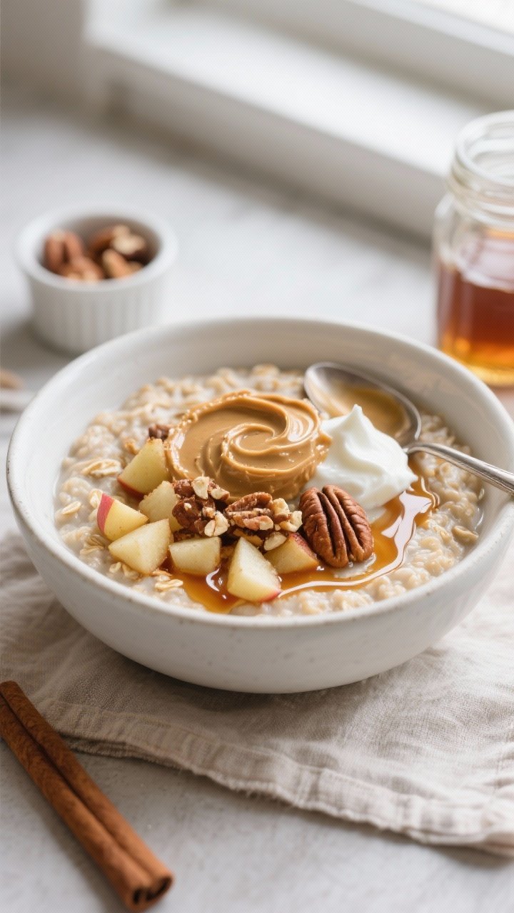 Final dish top view: Overhead shot of Apple Cinnamon Oatmeal Bowl plated thick and creamy, topped wi