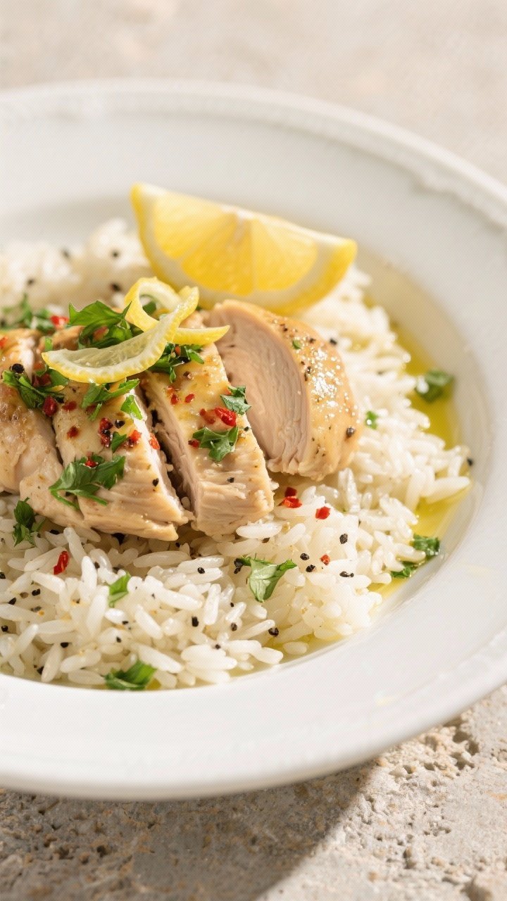 Final plated close-up: Close-up detail of the finished Lemon Herb Chicken and Rice plated in a shall