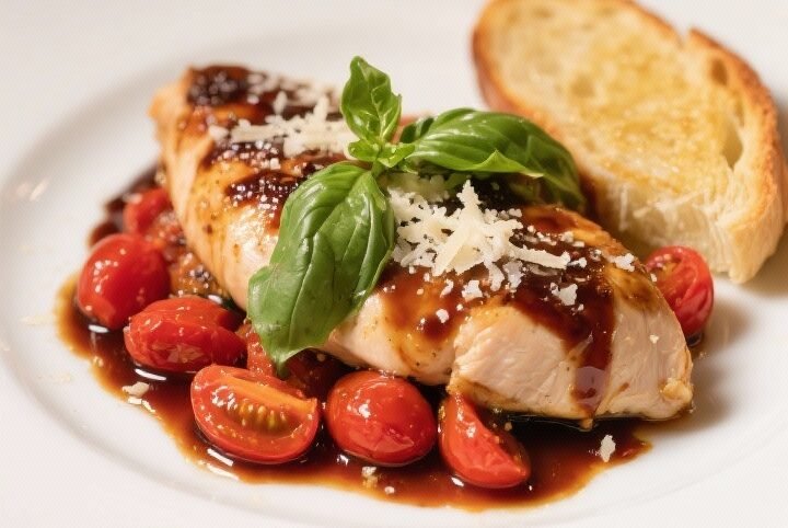 Final plated dish, restaurant presentation: Balsamic Tomato-Basil Chicken plated on a white wide-rim