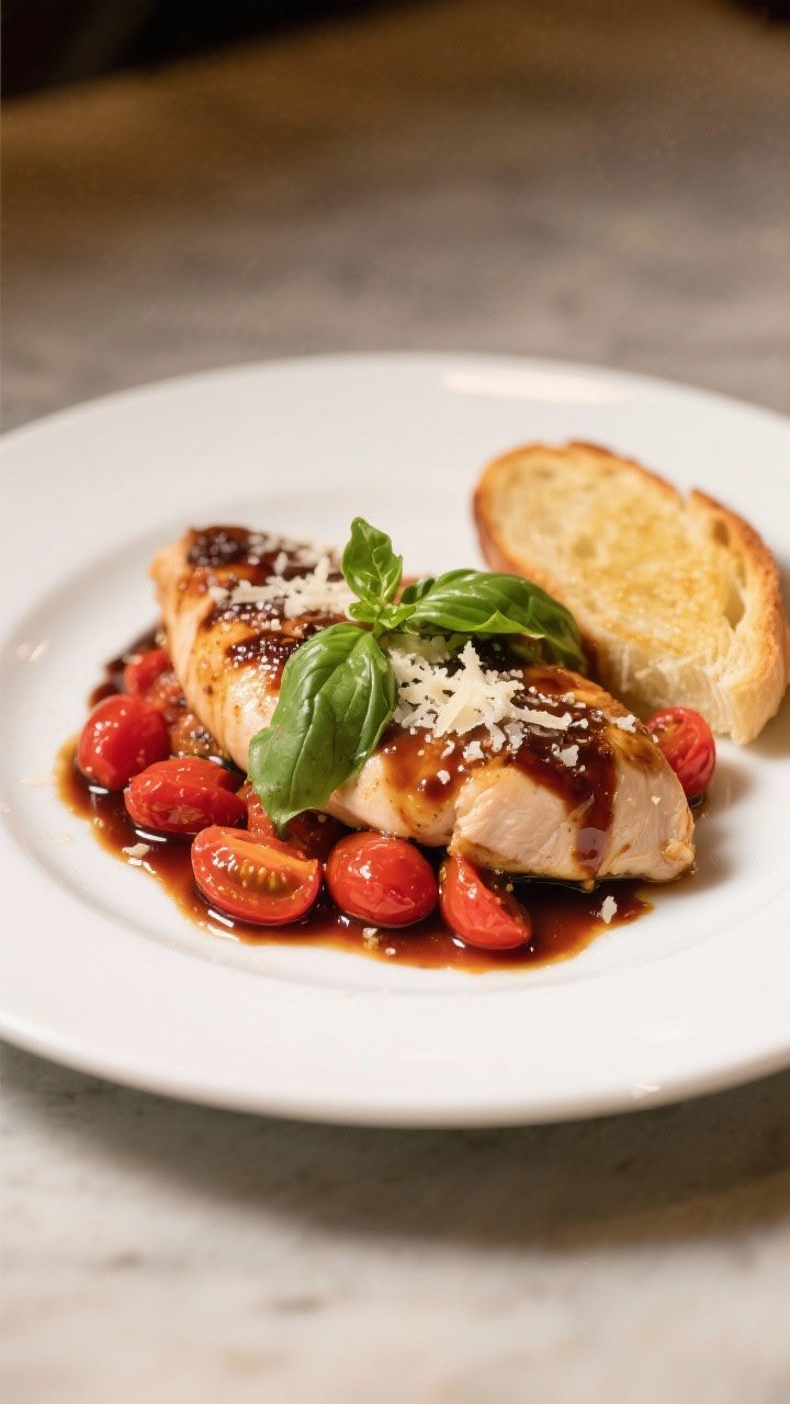 Final plated dish, restaurant presentation: Balsamic Tomato-Basil Chicken plated on a white wide-rim
