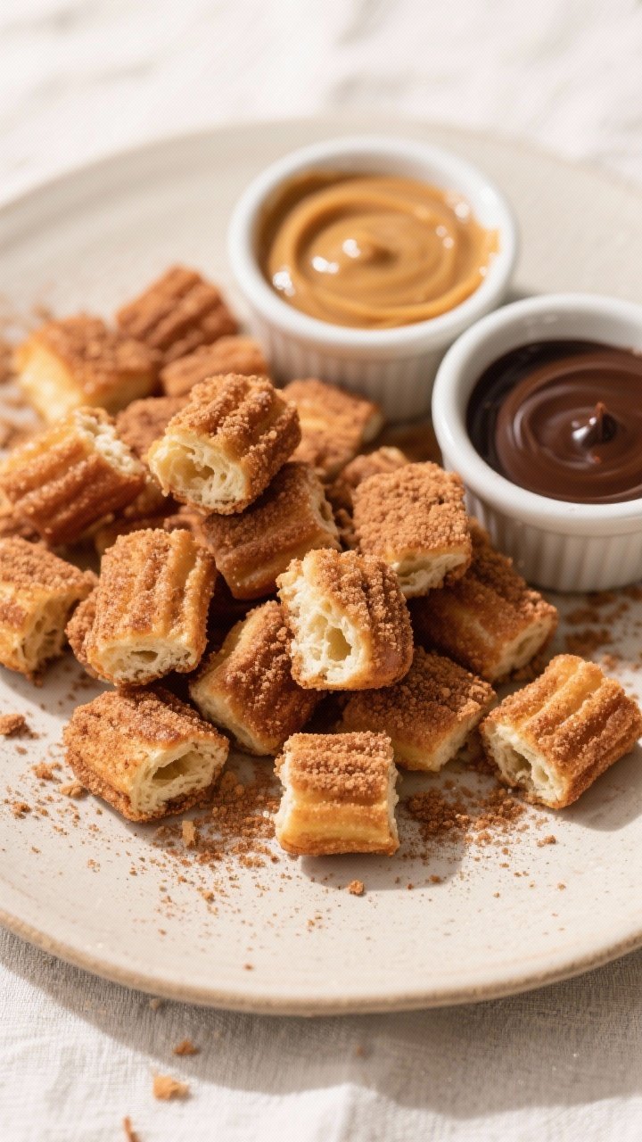 Final plated, overhead presentation: Tasty top-down shot of a platter of baked churro bites arranged