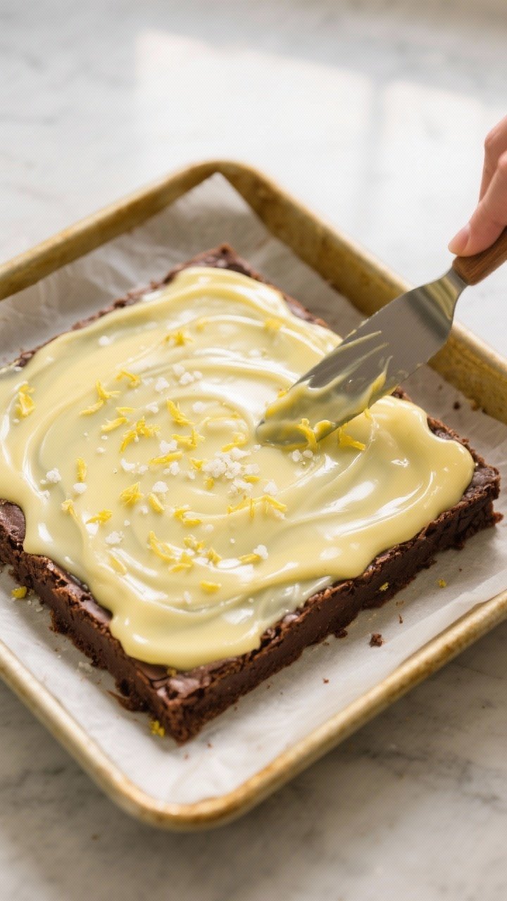 Overhead process shot of the baked lemon brownie slab on parchment in an 8x8 pan, fully cooled and b