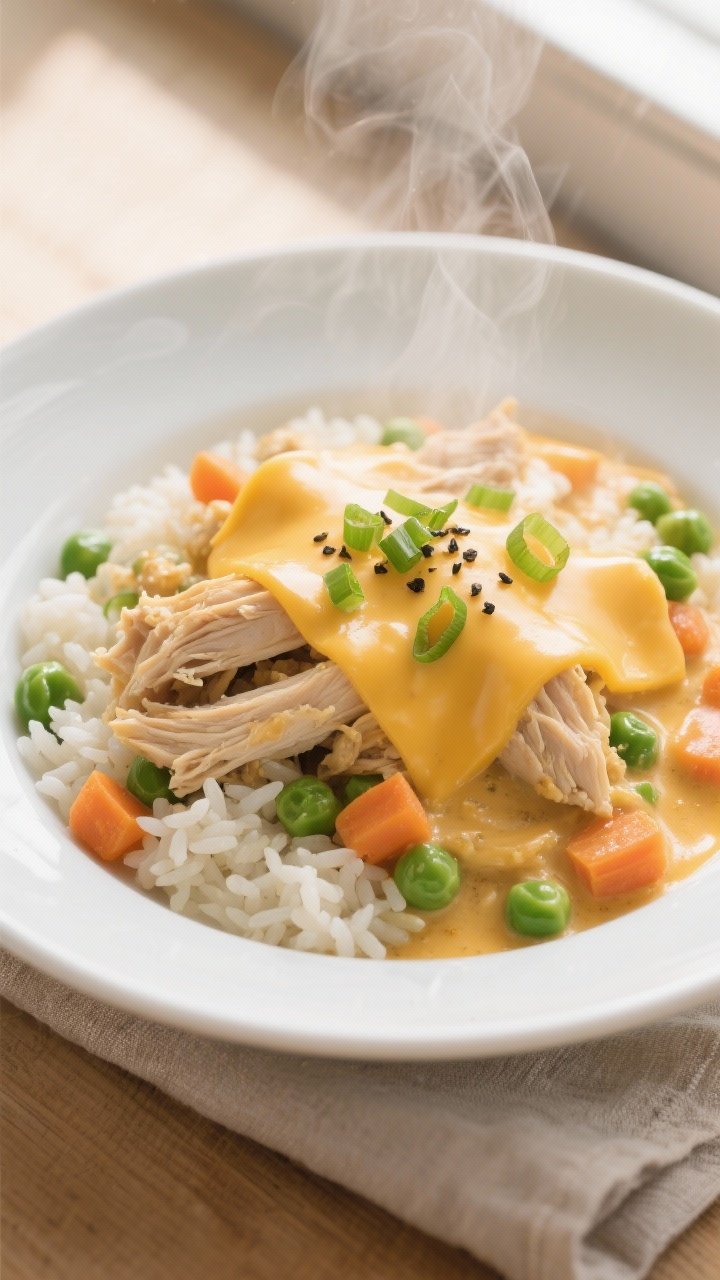 Overhead shot of Cheesy Chicken and Rice just after stirring in melted cheddar: tender shredded chic