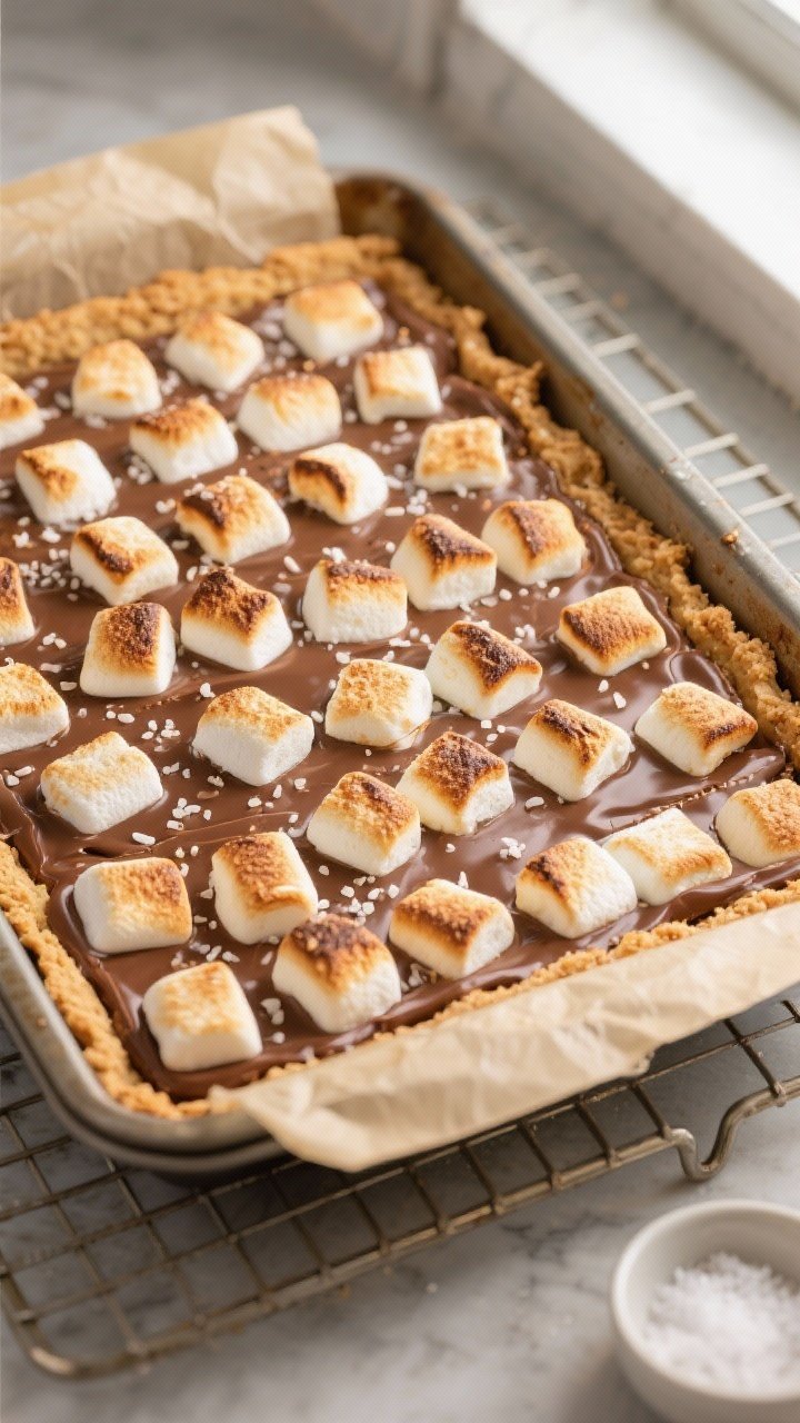 Overhead shot of freshly baked S’more Bars in a 9x13 pan just out of the oven, marshmallows puffed