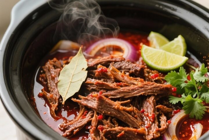 Overhead shot of shredded Beef Barbacoa nestled in its glossy adobo-lime juices inside a matte-black