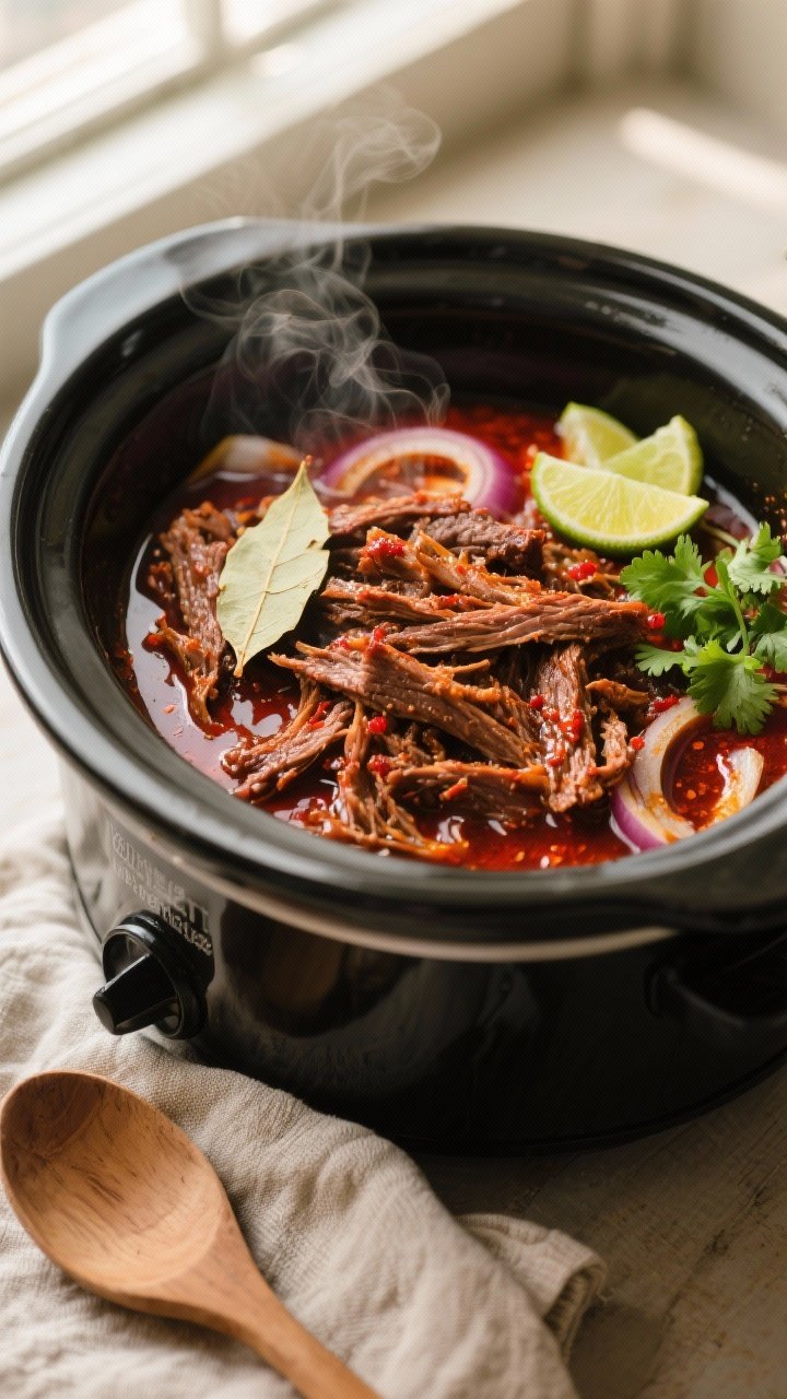 Overhead shot of shredded Beef Barbacoa nestled in its glossy adobo-lime juices inside a matte-black