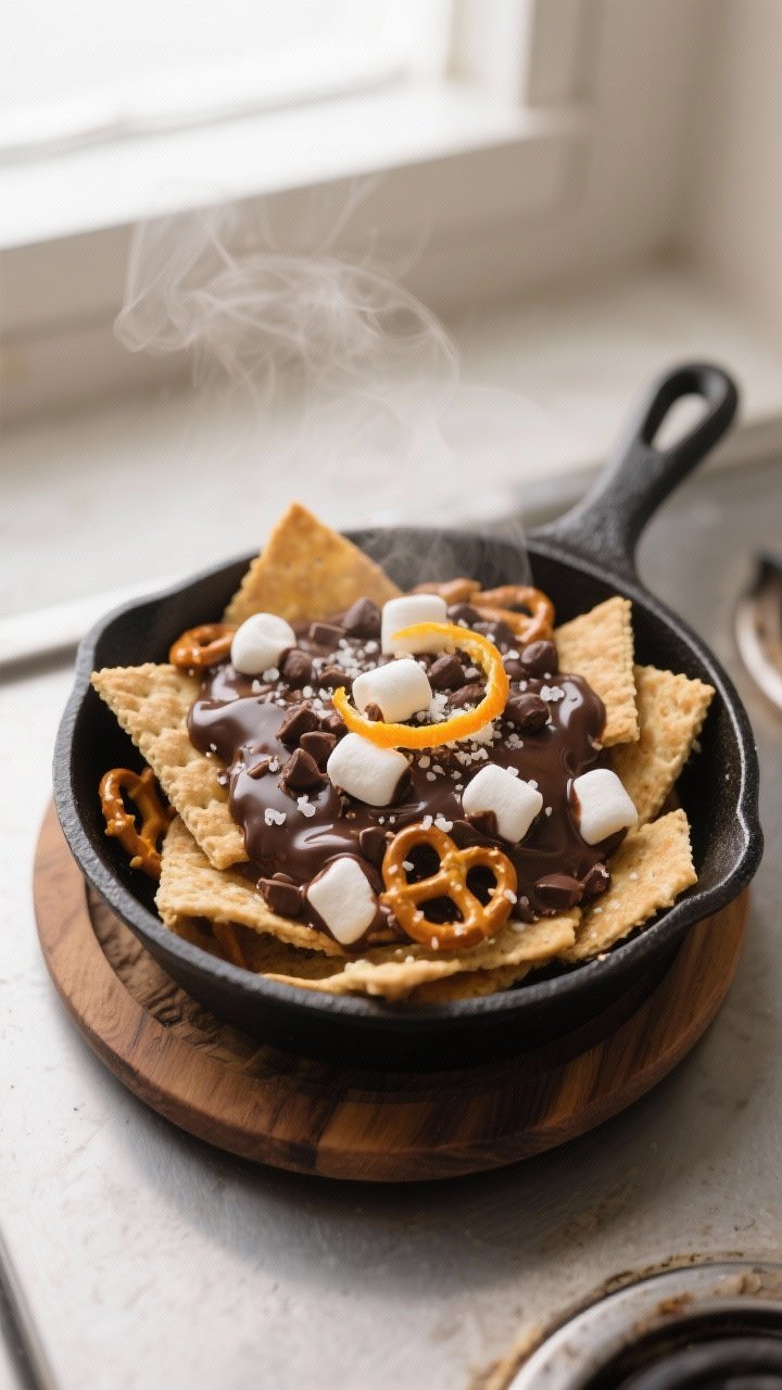 Overhead shot of Skillet S’Mores Nachos during the melt: butter-glossed graham cracker and pretzel