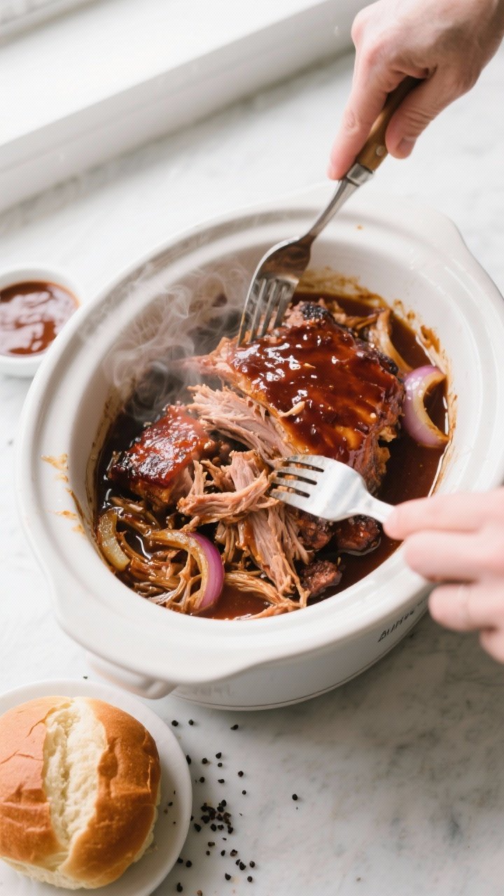 Overhead shot of slow-cooked BBQ pulled pork being shredded in the crockpot with two forks, glisteni