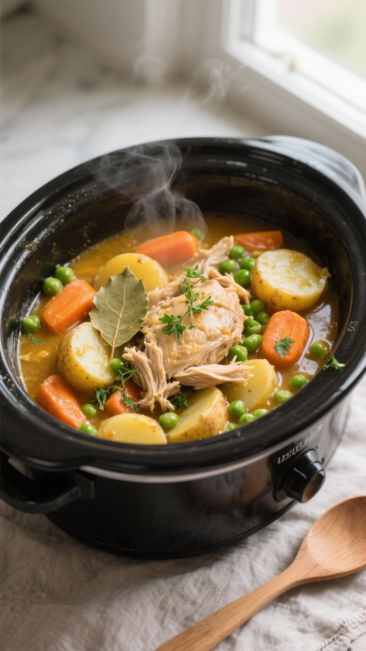Overhead shot of slow cooker chicken stew right after thickening: shredded chicken nestled among for