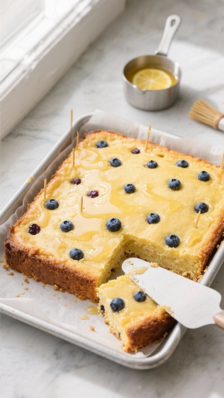 Overhead shot of the freshly baked lemon blueberry sheet cake still in the 9x13 metal pan right afte