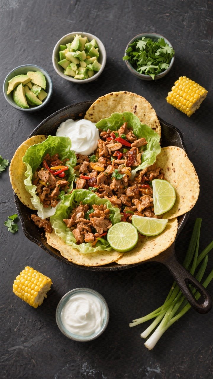 Tasty top view: 20-minute turkey taco skillet build-your-own spread—overhead of warm GF corn torti