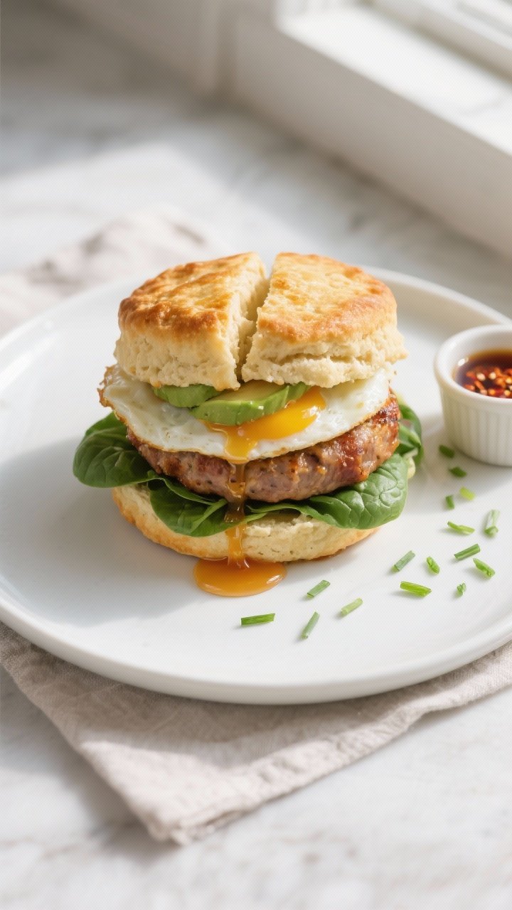 Tasty top view, final presentation: Overhead shot of a plated breakfast sandwich built with a split 